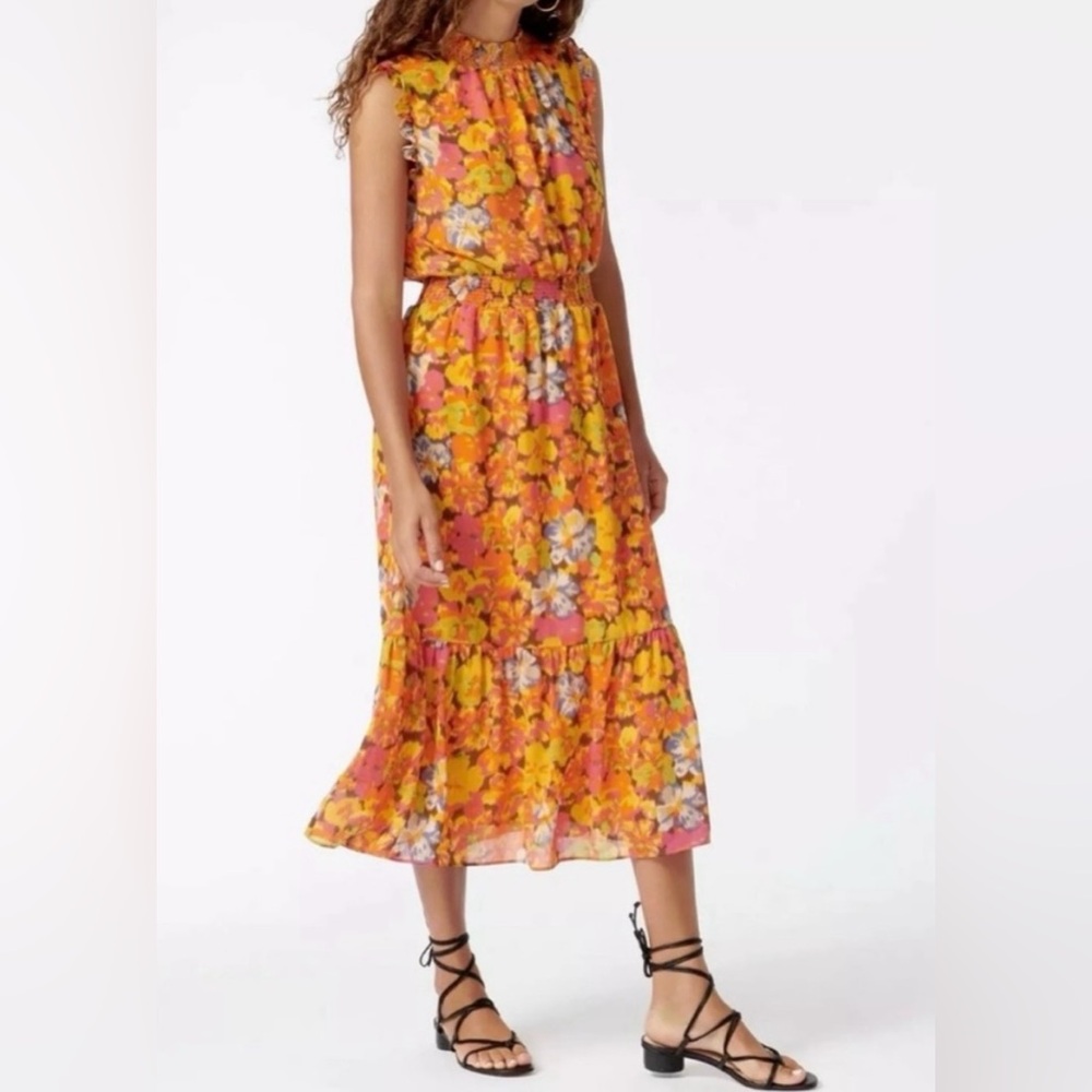 J.Crew Smocked Waist Sleeveless Midi Dress Sunset Floral Print XS NWT